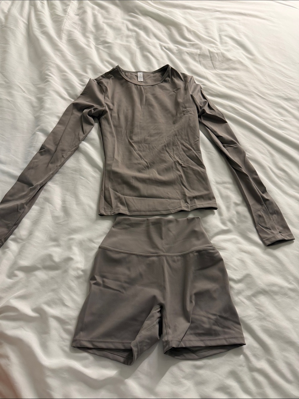 Women’s Long Sleeve Top & High-Waist Bike Shorts Set - Taupe - Picture 1 of 1